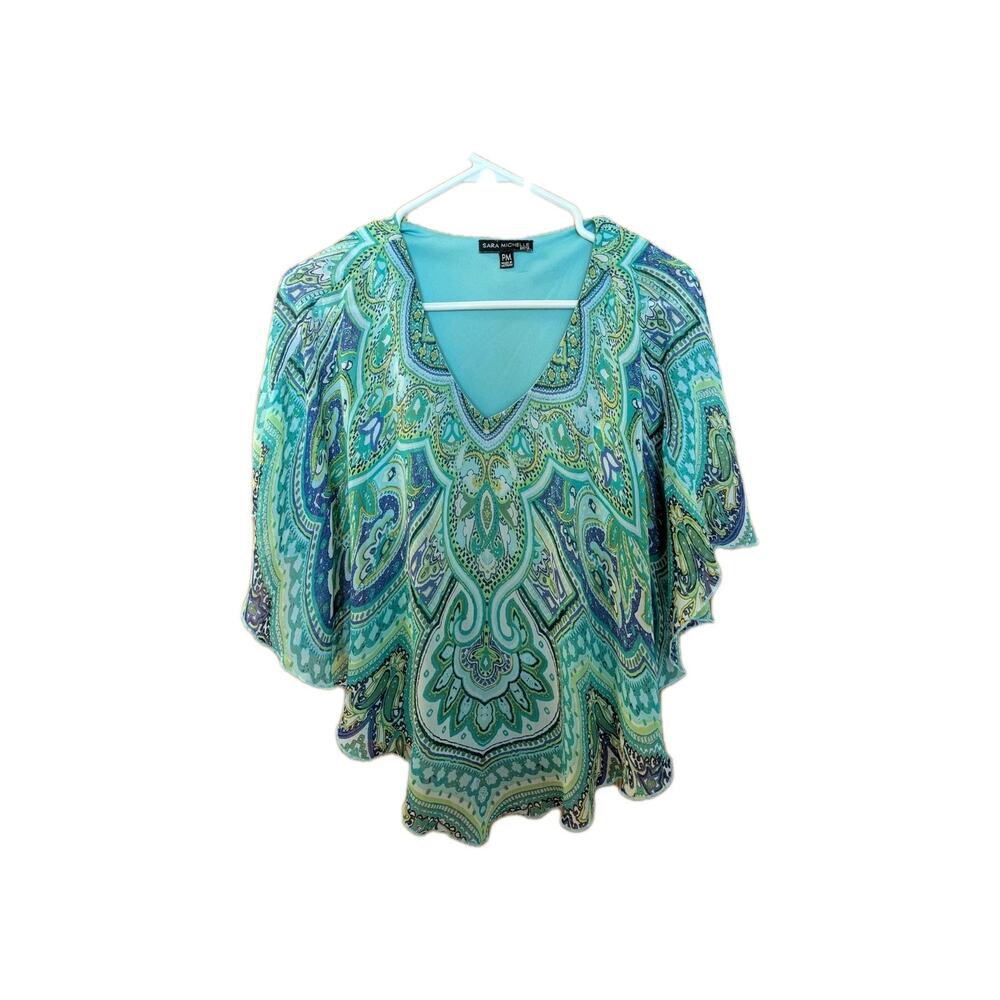Sara Michelle Top Blouse Size PM Poncho Paisley Colorful Boho